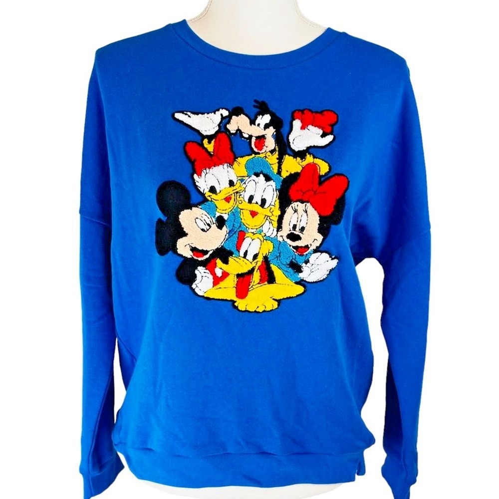 DISNEY Sweatshirt Sz L Blue Mickey Mouse Friends Chenille Patch Retro Disneycore